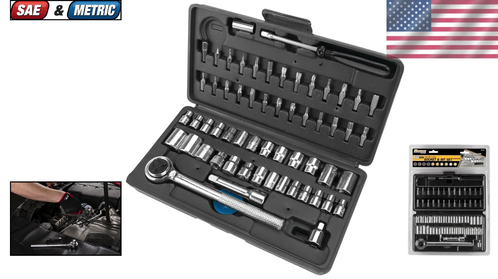 W1168 60-Piece SAE/Metric Socket Set with Ratchet & Extension – Versatile Tools