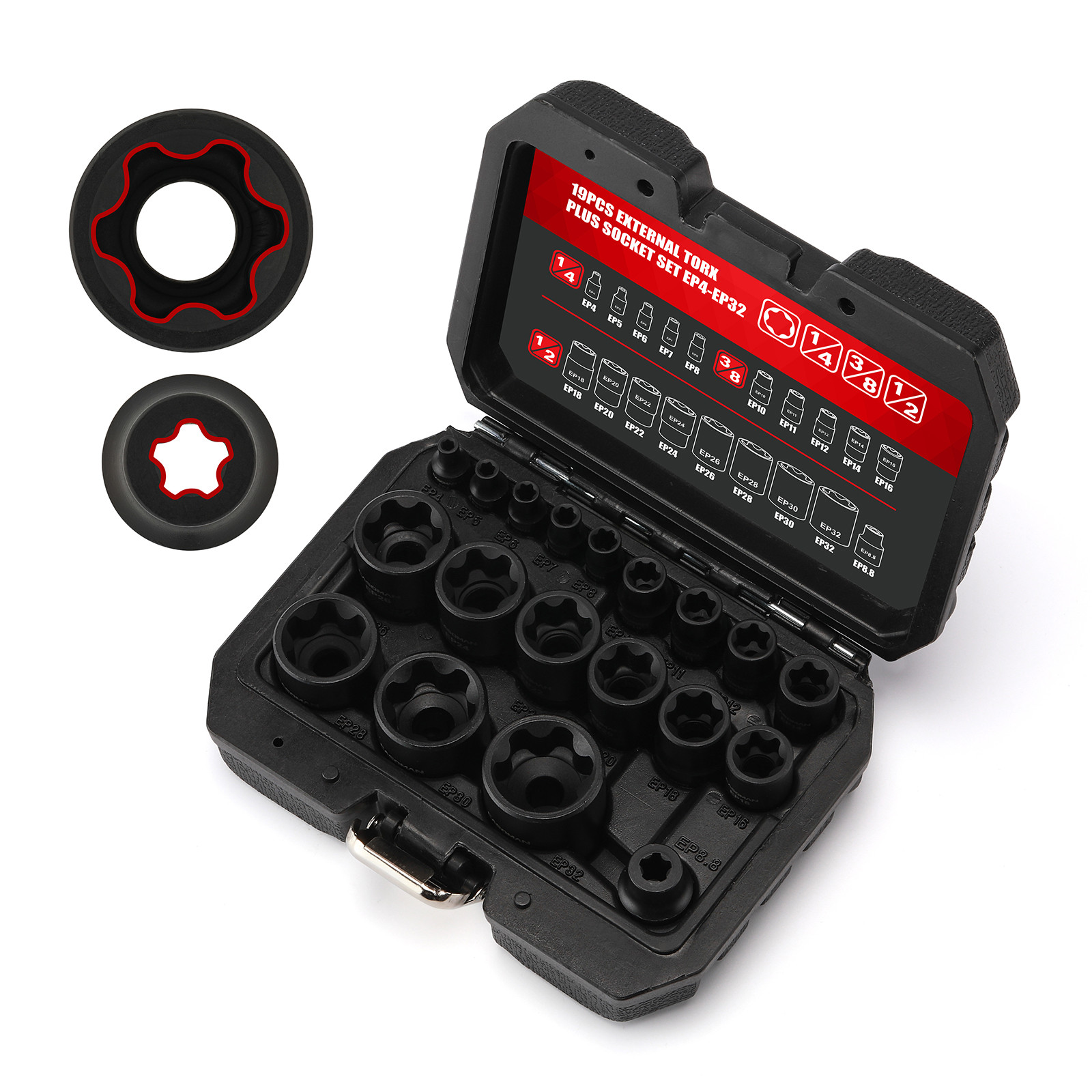19PCS External Torx Plus Socket Set 6 Point EP Socket EP4-EP32 5 Point 1/2» Dr