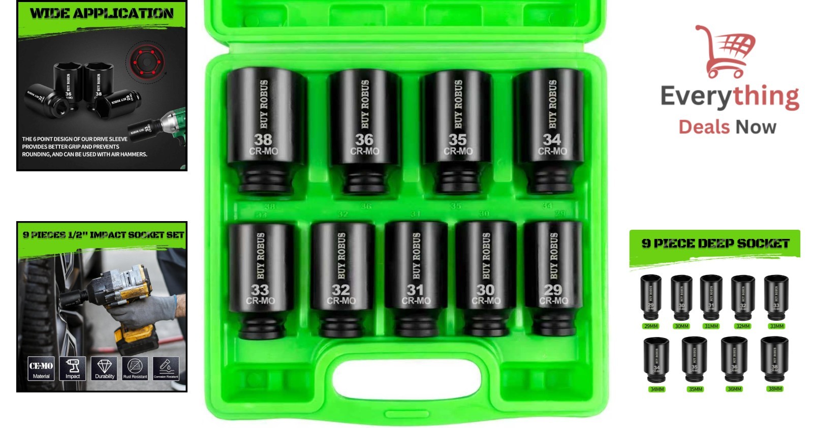 1/2″ Drive Deep Impact Socket Set Metric Axle Nut Sockets 6Pt Cr-Mo 29-38mm 9Pc