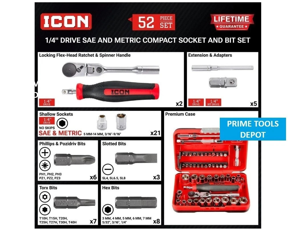 NEW ICON 1/4 in. Drive Compact Socket and Bit Set, 52-Piece RSXFT-52