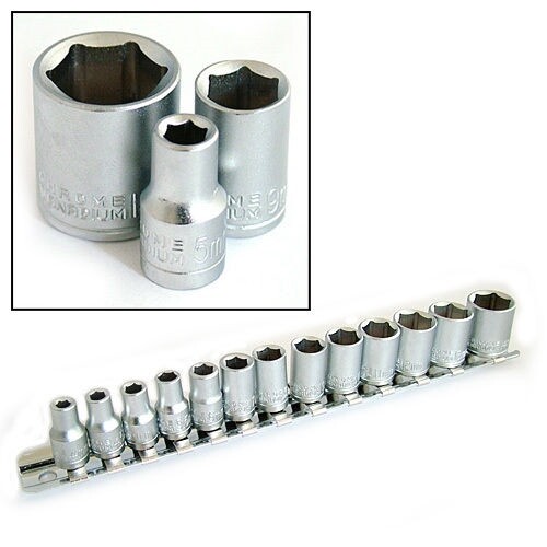 13 PCE CHROME VANADIUM 1/4″ DR METRIC SOCKET SET SIZE 4MM – 14MM cw SOCKETS RAIL