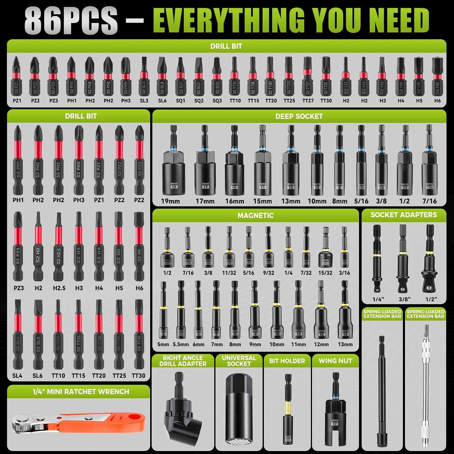 Magnetic Socket Set with Mini Ratchet Wrench, Extension Bars