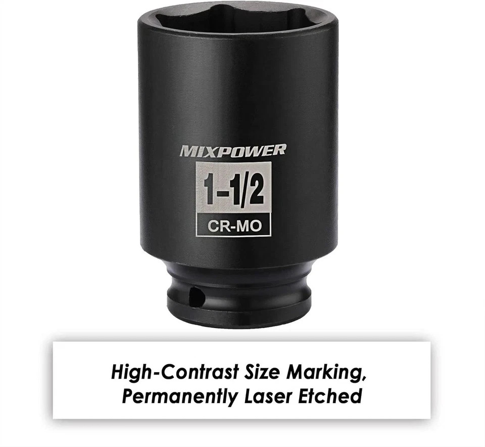 MIXPOWER 1/2 Inch Drive Deep Impact Socket 1-1/2 SAE, 1-1/2", Black