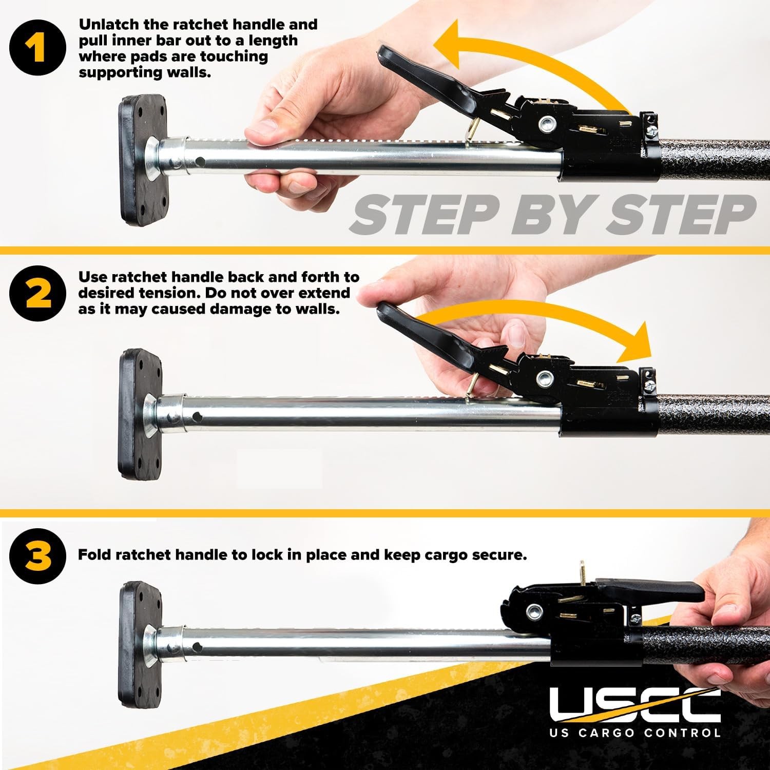 Ratcheting Cargo Bar for Pickup Adjustable 40-70In Alloy Steel Rubber 360-Degree