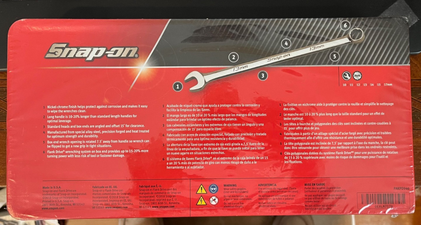 Snap-on OEXLM707B 7 Piece Metric Long Combination Wrench Set 10-17mm, Brand New