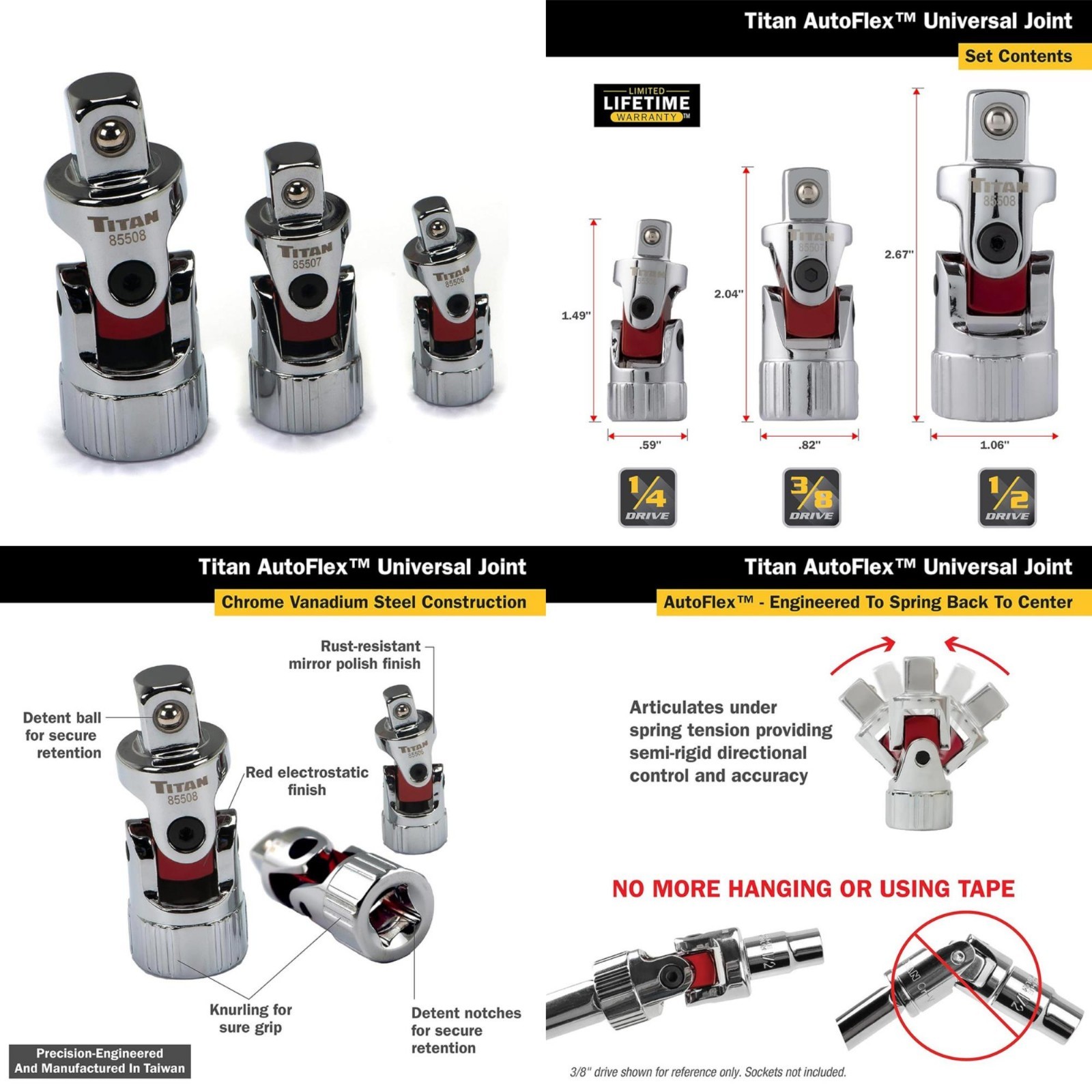 Titan 85505 3pc Spring Loaded Universal Joint Standard Socket Set