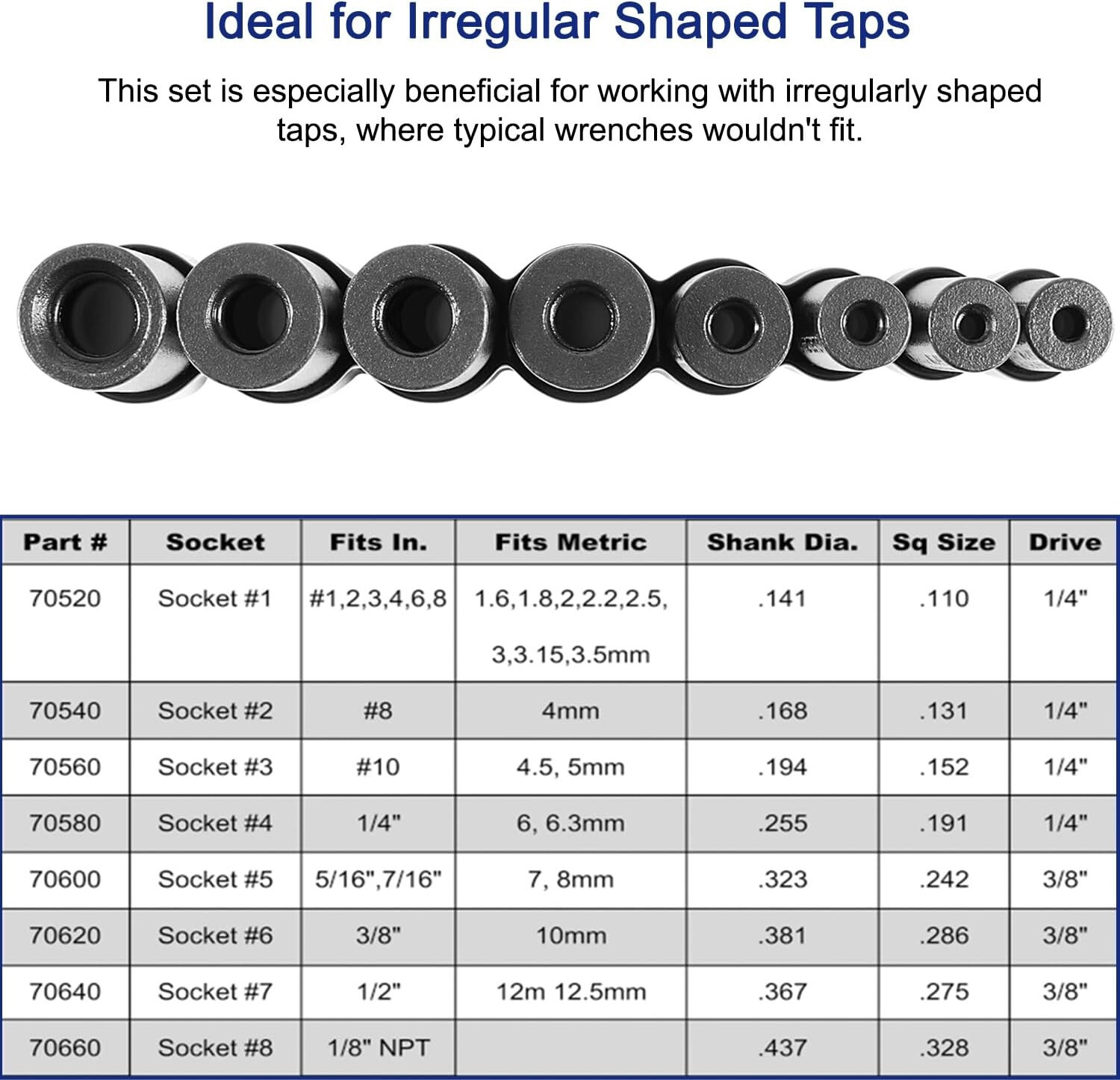 70500 Tap Socket Wrench Set for 1/4″ 3/8″ Drive Fit MCTI Thru 1/2″ 1/8″ NPT Taps