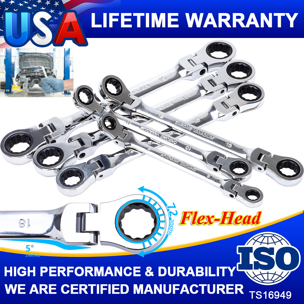 Extra Long Flex-Head Ratcheting Wrench Set Double Box End Wrench Set 6-Piece SAE