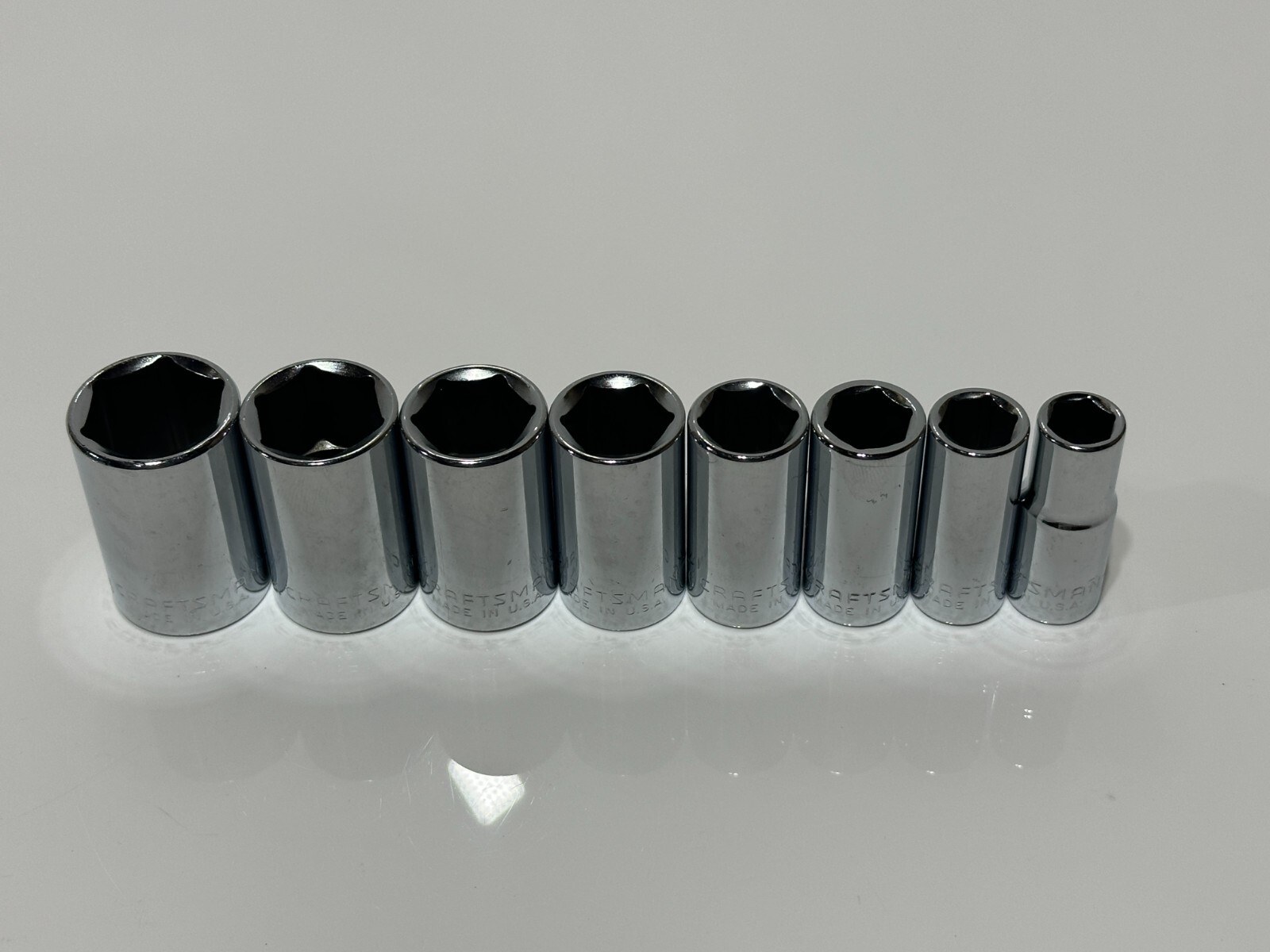 Craftsman USA NOS, RARE GK 8pc SAE Mid-Length Semi-Deep Socket Set – 3/8″ Drive