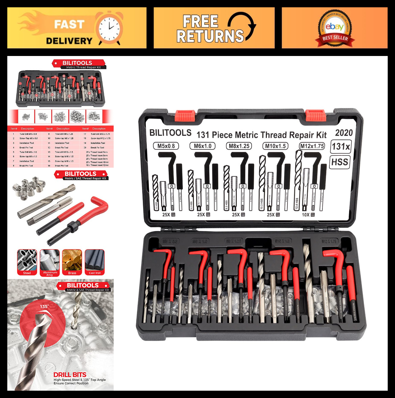 Metric Thread Repair Kit, 131-Piece HSS Helicoil Set for M5 M6 M8 M10 M12, Easy