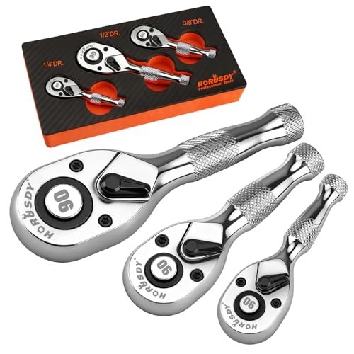 3-Piece Stubby Ratchet Handle Set, 1/4″ 3/8″ 1/2″ Drive Mini Socket Wrench, Comp