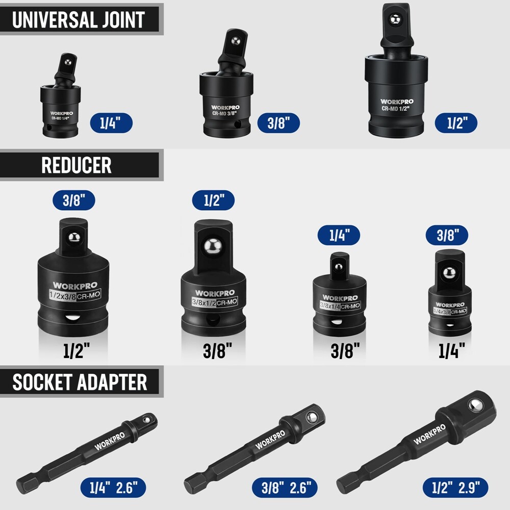 WORKPRO 10PC Impact Socket Set Adapter 1/4″ 3/8″ 1/2″ Joint Socket Drill Adapter