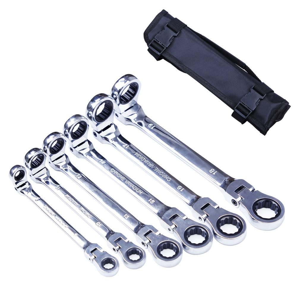 6Pc Double Box End Ratcheting Wrench Flex-Head Extra Long Heavy Duty Spanner Set
