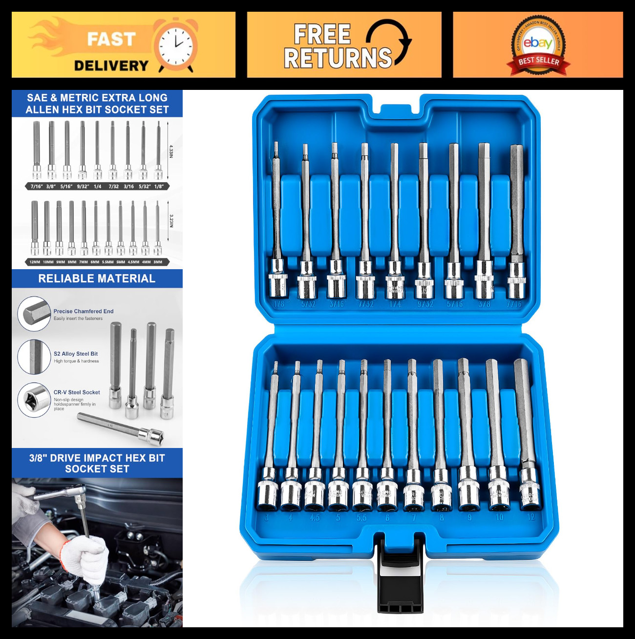 20PCS Extra-Long Allen Hex Bit Socket Set, 3/8″ Drive, SAE & Metric Sizes, CR-V