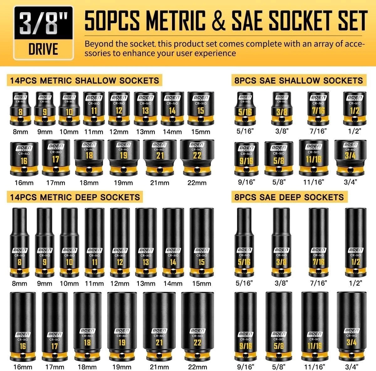 Complete 3/8» Drive Impact Socket Set – 50PCS with Manganese Phosphate Coating