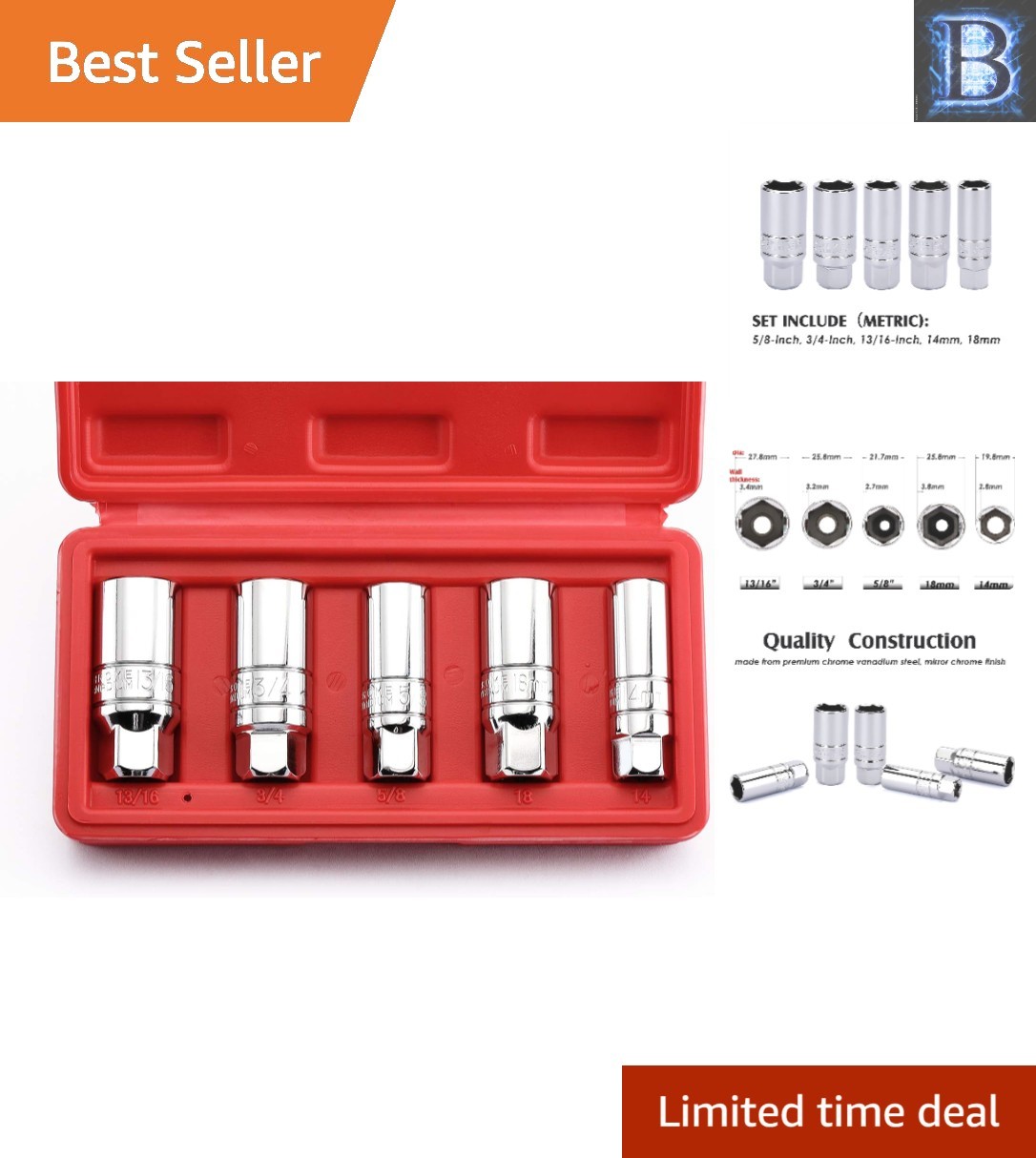 Mirror Finish 3/8-Inch Drive Spark Plug Socket Set – SAE & Metric Compatibility