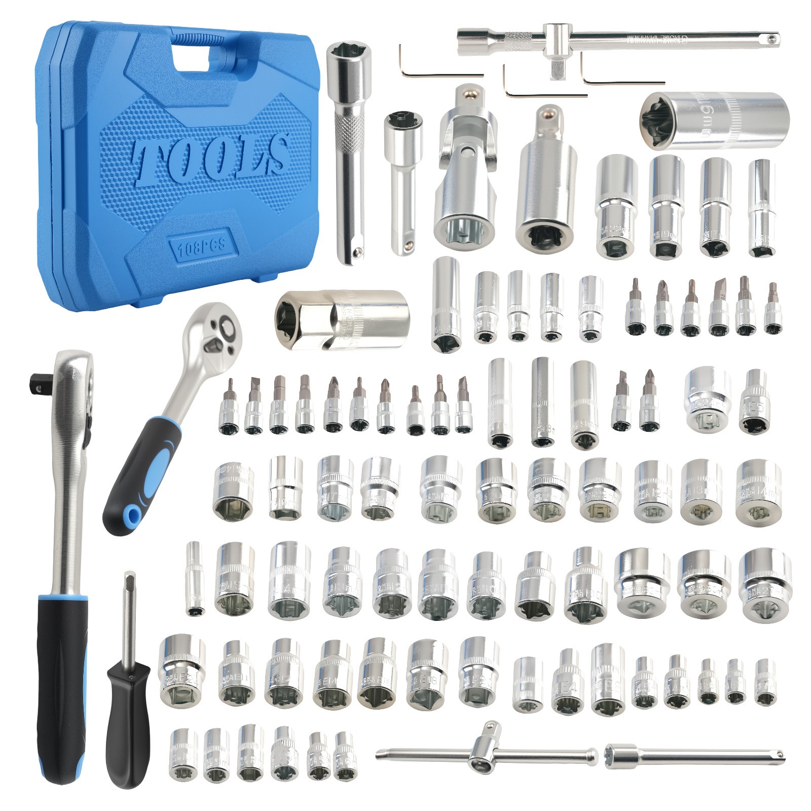 108PCS Tool Set 1/2 1/4 Drive Ratchets Sockets CR-V 10-32mm Auto Repair Kit