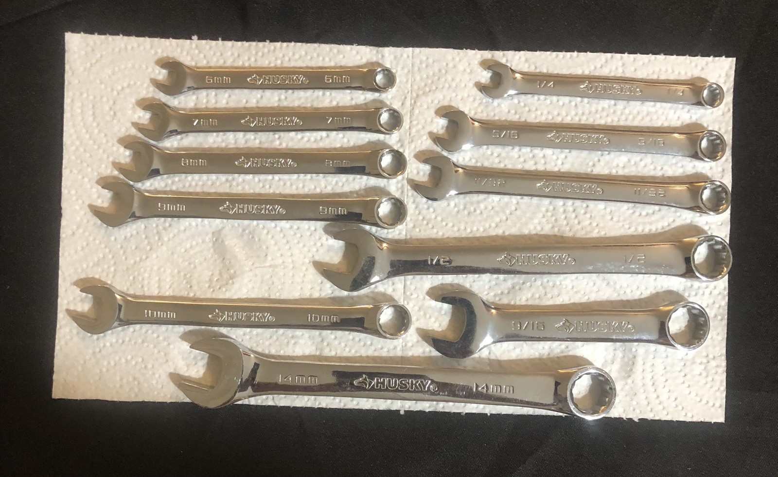HUSKY BOX END COMBINATION WRENCH SET 14,10,9,8,7,6MM-9/16,1/2,11/32,5/16,1/4”