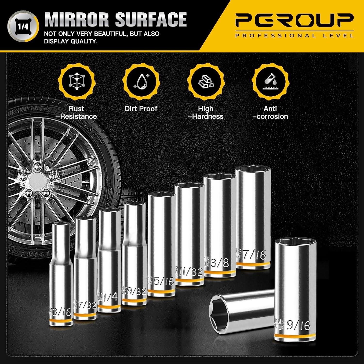10PCS 1/4” Drive Deep Socket Set, SAE 3/16″-9/16″, 6-Point, Cr-V Steel, Chrom…