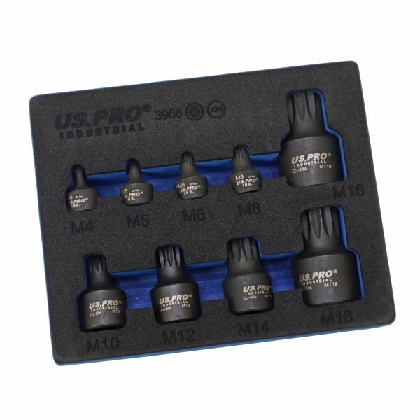 US PRO 9pc Stubby Impact Spline M4 – M18 Bit Socket Set Tamperproof M14 M16 M18