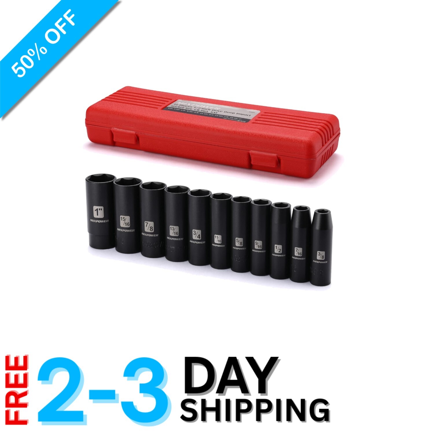 Durable 11-Piece Deep Impact Socket Set – 1/2-Inch Drive, 6-Point Design