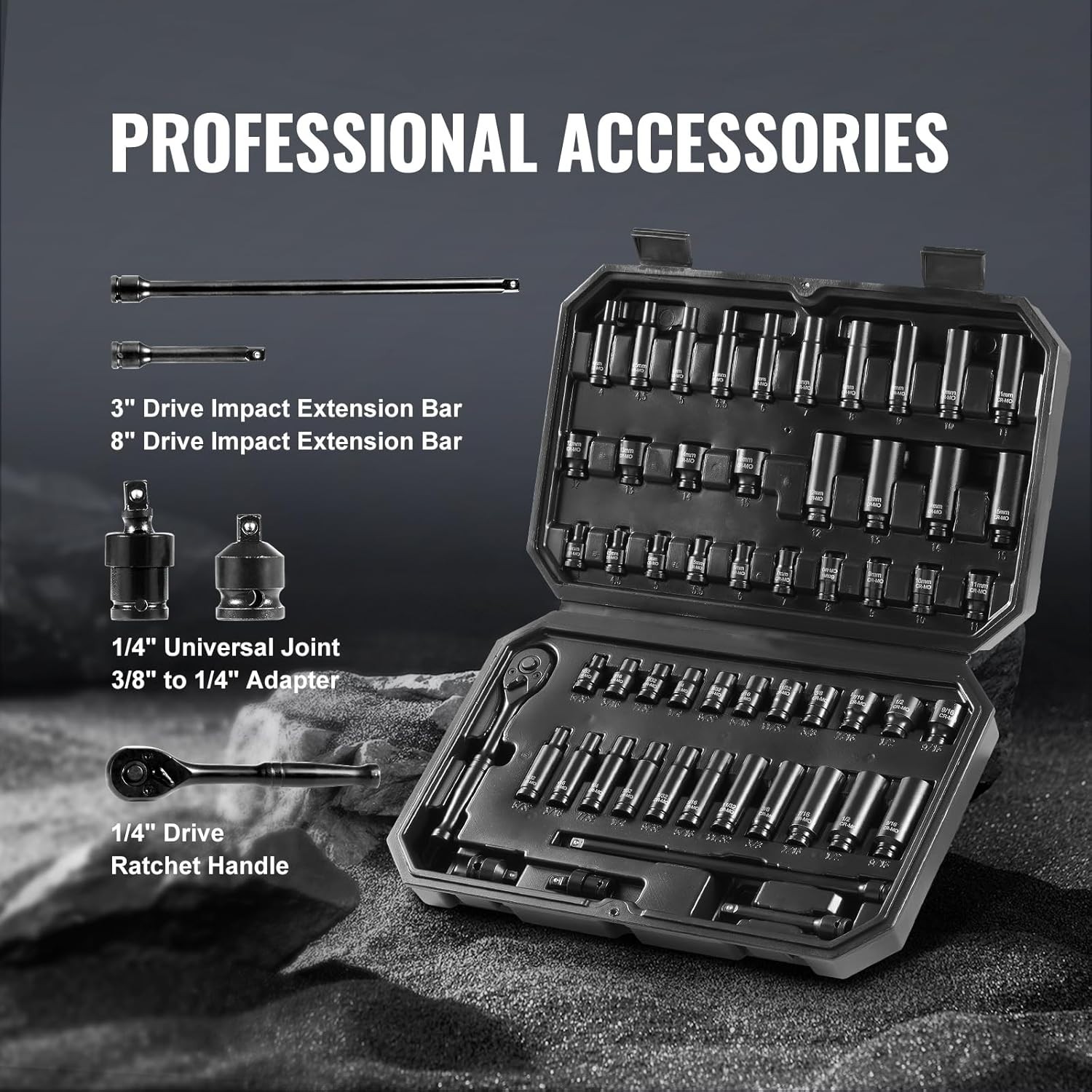 Durable 55-Piece Impact Socket Set – 1/4″ Drive, Deep & Shallow Sockets Included