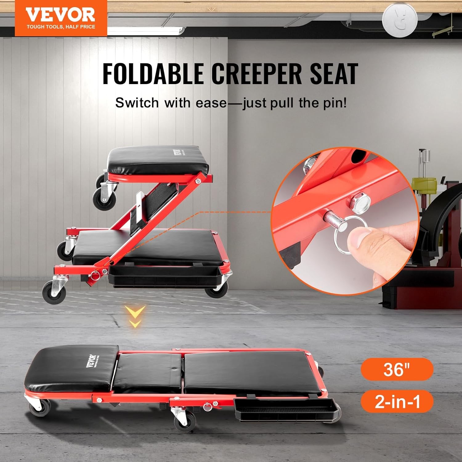 VEVOR Foldable Z Garage Creeper, 36 in, 300 lbs Load Capacity Rolling Red