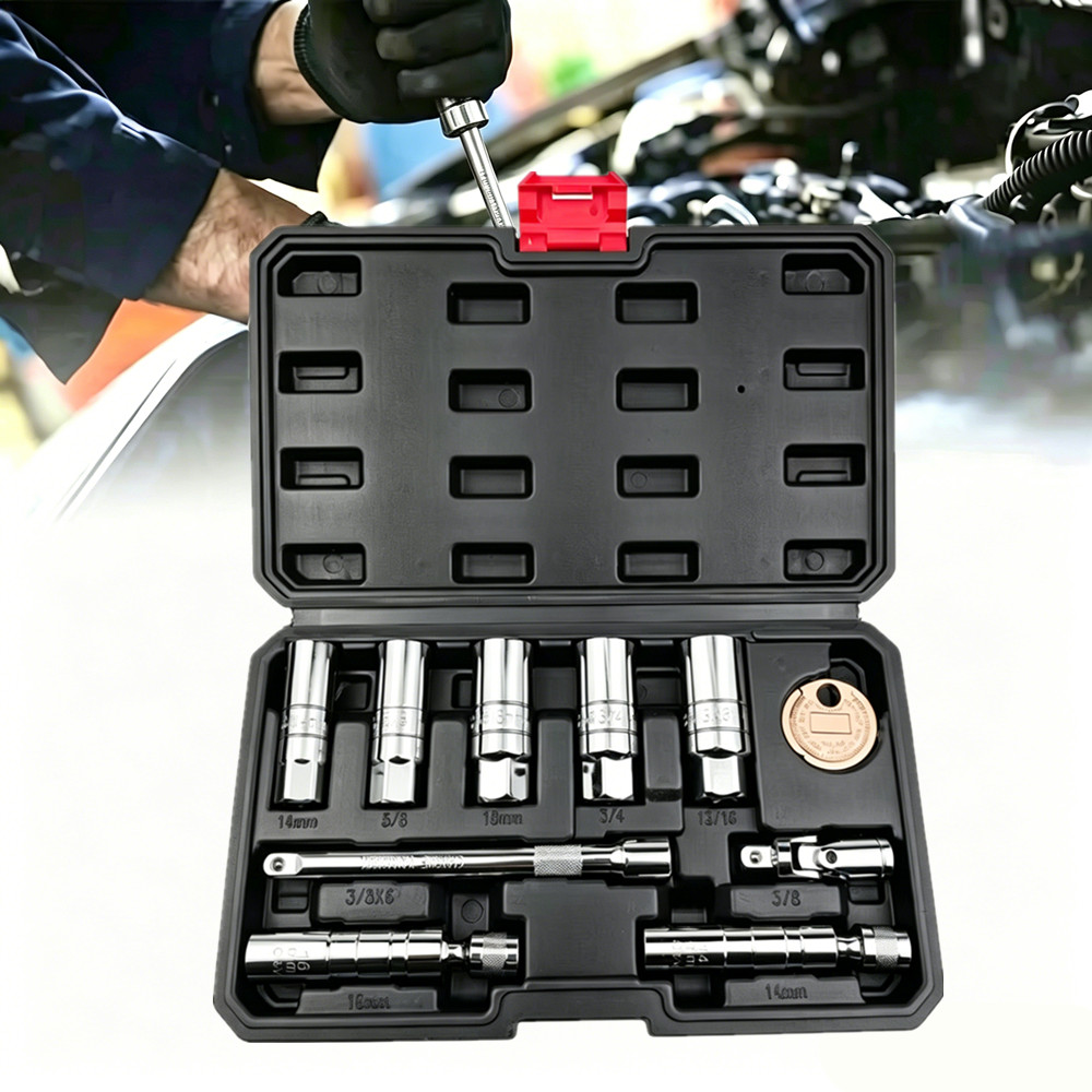 10PCS 3/8 Inch Drive Spark Plug Socket Set 6-Point Include Extension Bar CR-V US