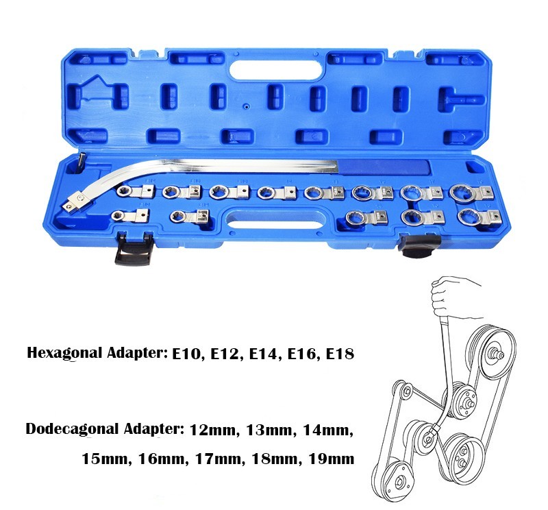 15PC Auxiliary Belt Tensioner Pulley Wrench 12-19mm Screw Removal Tool E10-18