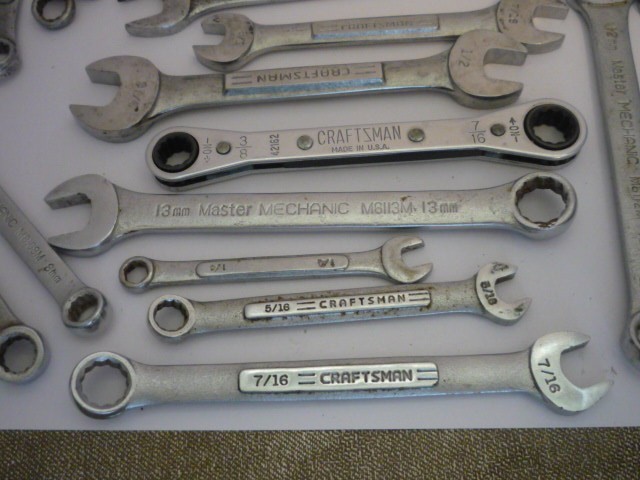 Lot of 23 wrenches, open and box end , Craftsman, SK, Master Mechanic & more.