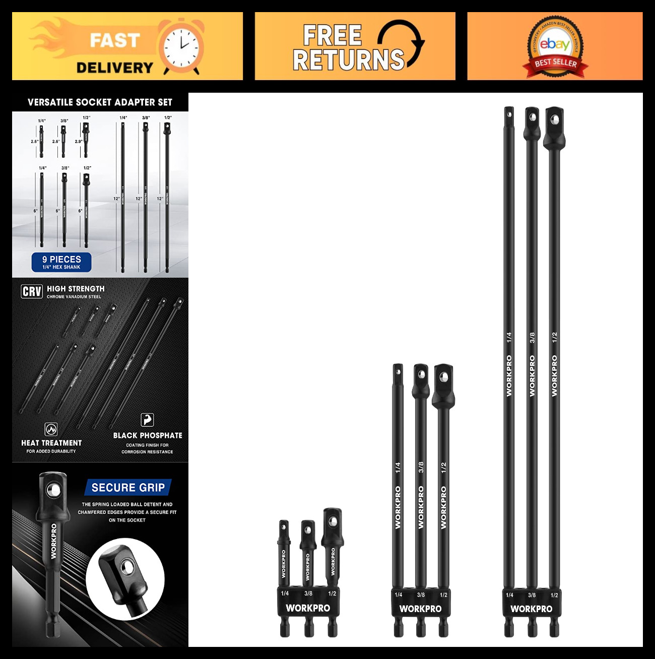 9-Piece Socket Adapter Extension Set, 1/4, 3/8, 1/2-Inch Drive, Impact Grade Bit