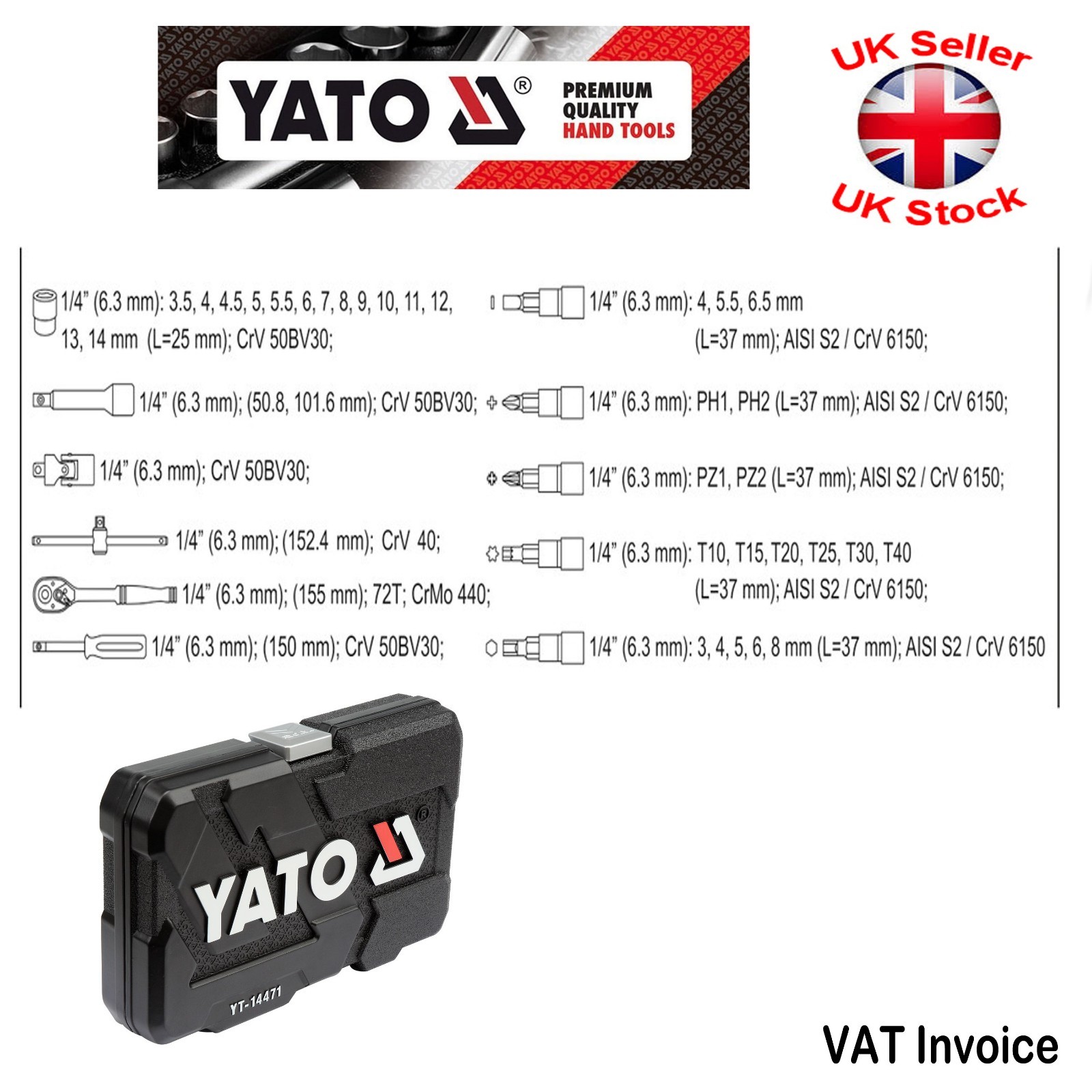 Yato Professional 38 pcs Ratchet Socket Set 1/4″ Tools Toolbox YT-14471
