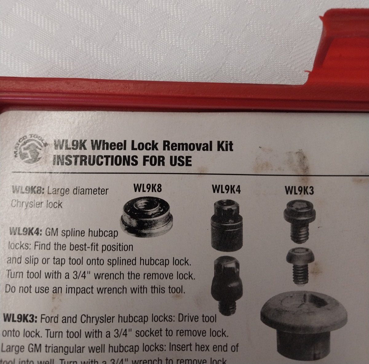 Matco Wheel Lock Removal Kit WK9K. Complete with all parts & original hard case