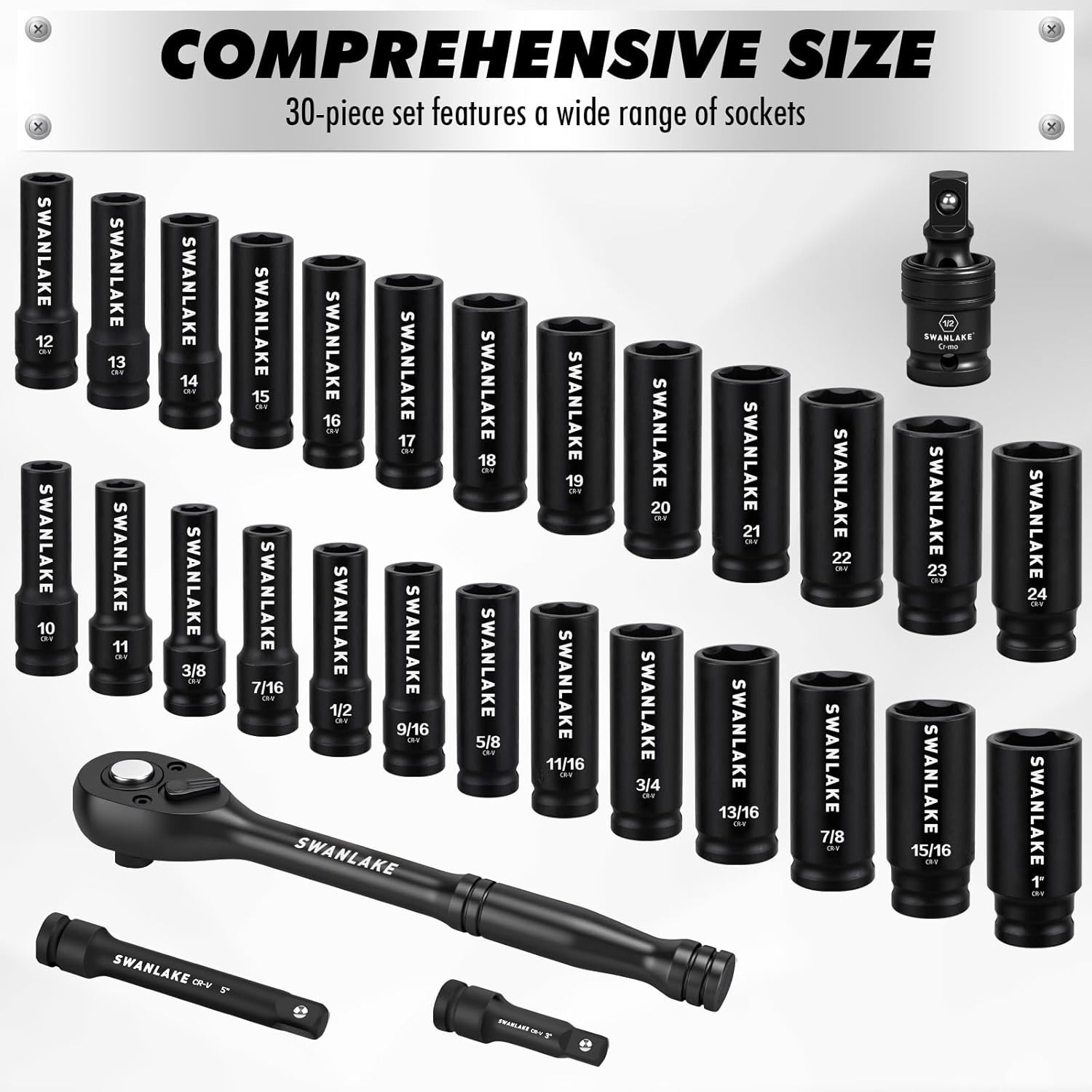 30-Pc 1/2″ Drive Impact Socket Set SAE Metric Deep CR-V Steel