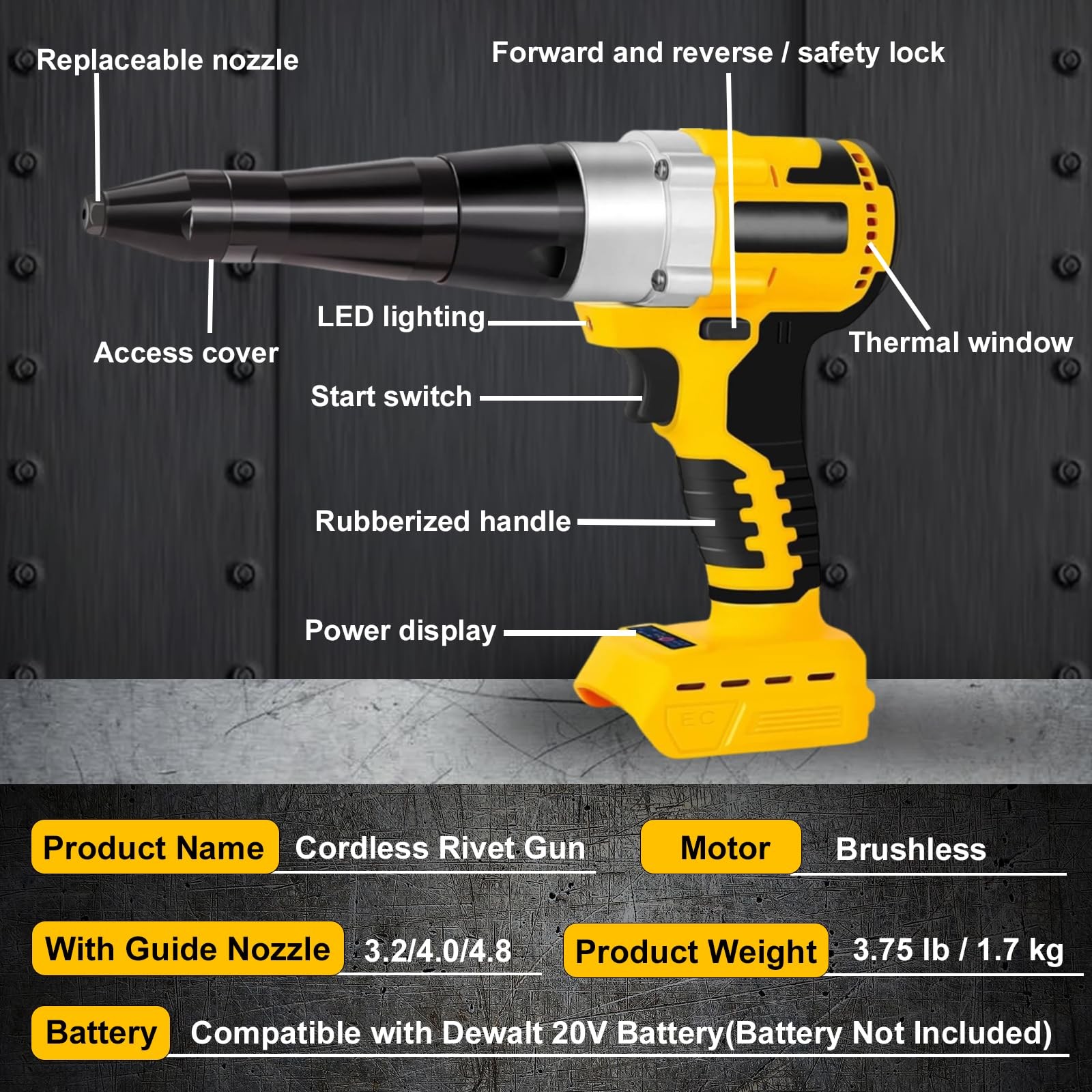 Cordless Rivet Gun Dewalt 20V Brushless Electric Riveter Tool 1/8″ 5/32″ 3/16″