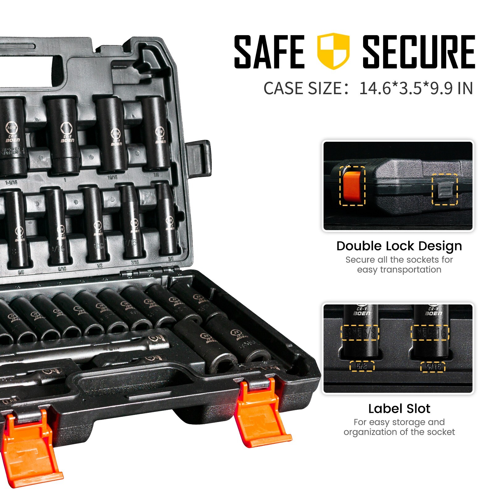 35Pcs 1/2″ Drive Deep Impact Socket Set,SAE 3/8″-1-1/4″,Metric 8-24mm,Cr-V Steel