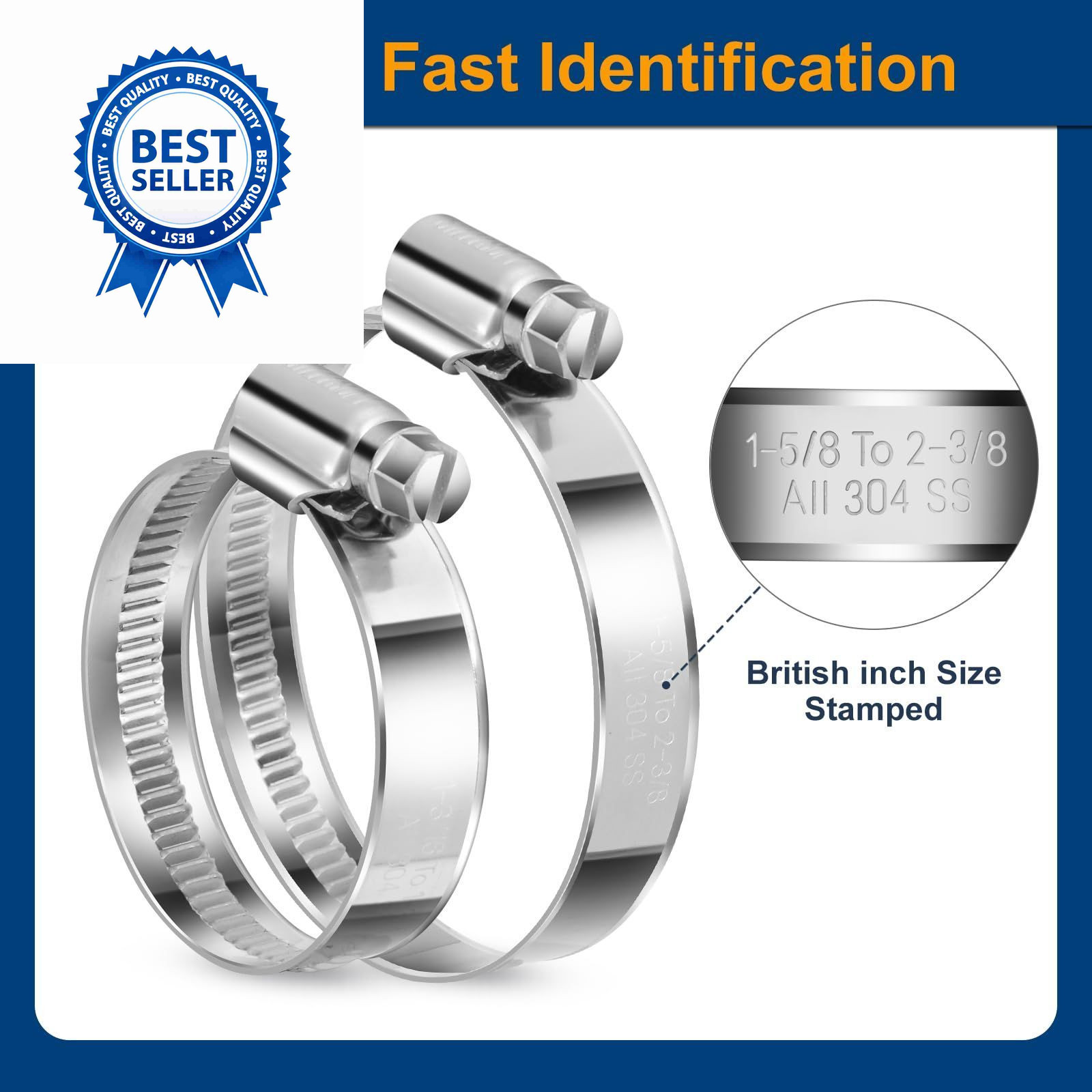Non-Slip Stainless Steel Worm Gear Hose SAE#28(1-5/8 To 2-3/8), Metallic