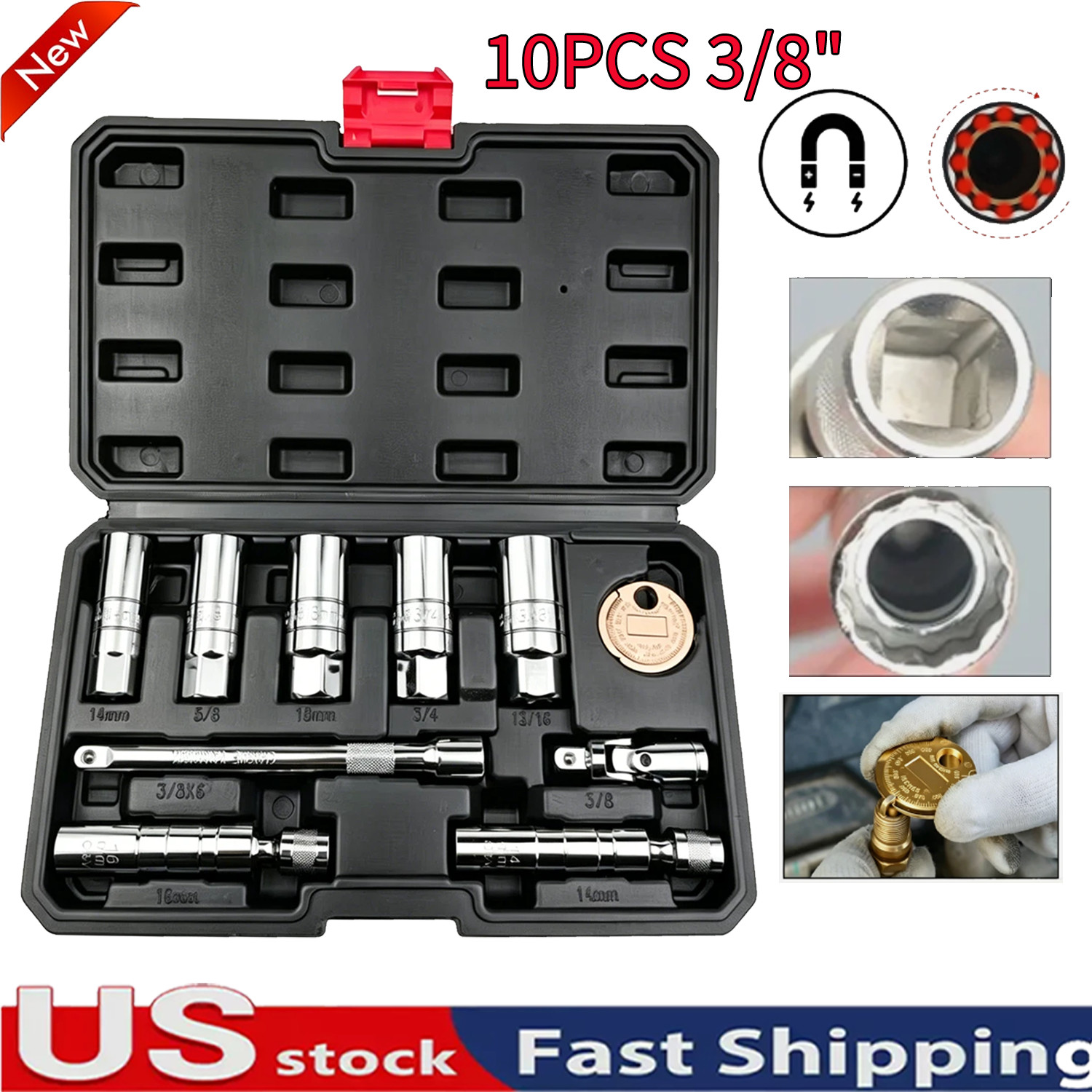 10PCS 3/8″Drive Magnetic Spark Plug Socket Set 6PT&12PT Extension Bar CR-V Steel