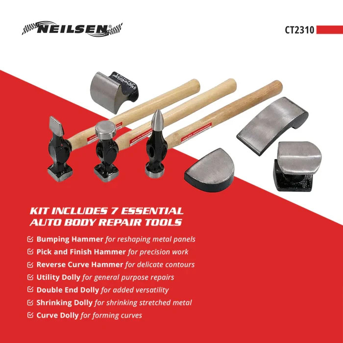 Neilsen Car Auto Body Panel Beating Dent Repair Tool Kit Hammers Dolly Set 7pc