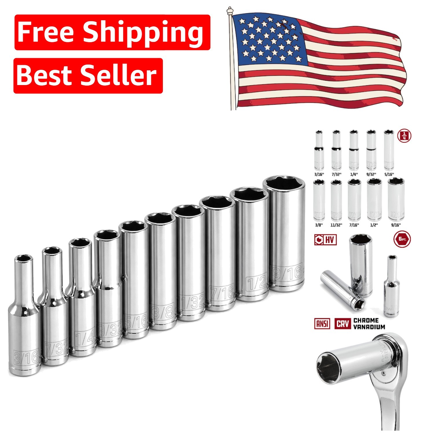 10-Piece Chrome Vanadium SAE Deep Socket Set – Precision Z-Drive Design