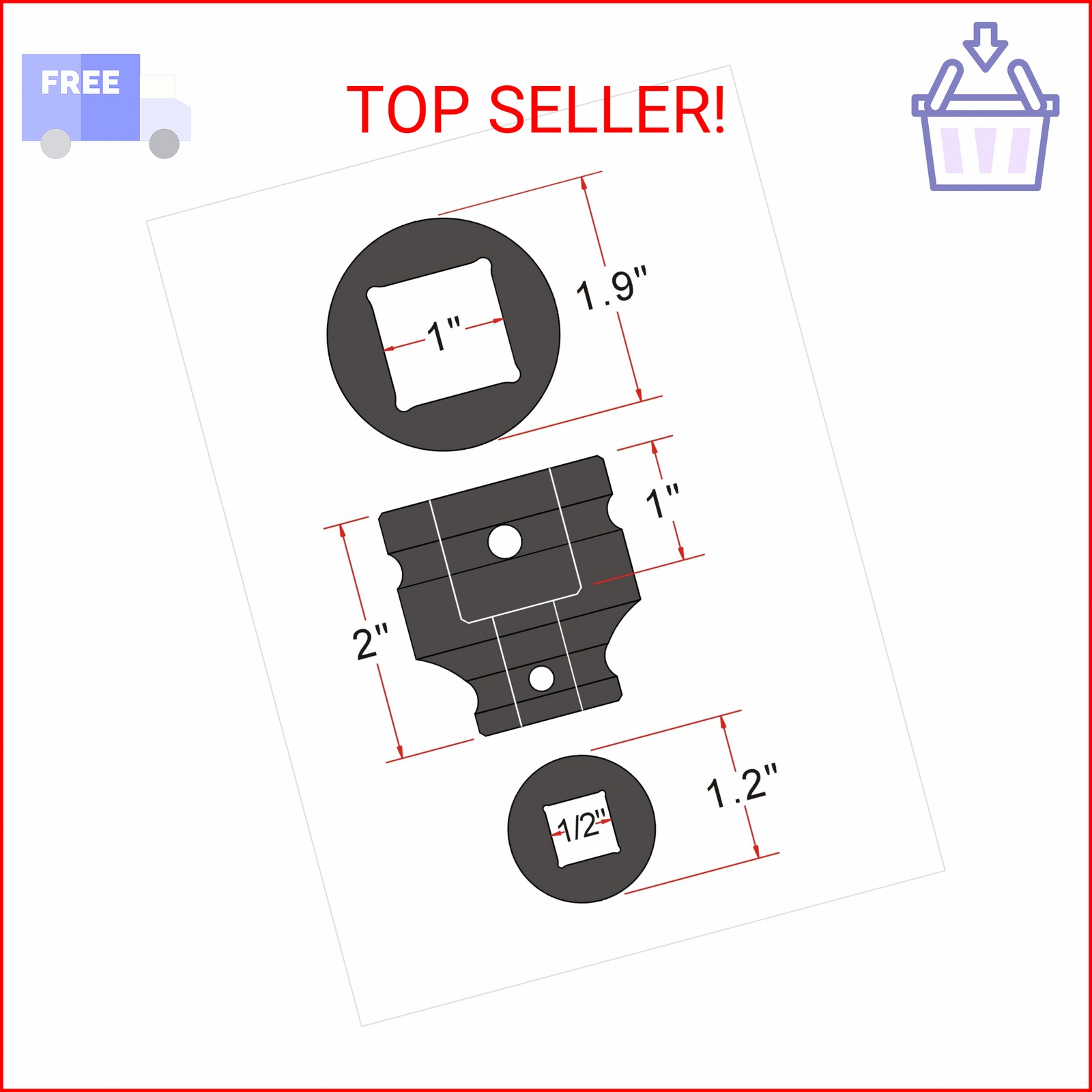 1/2″ Drive 1″ 4-Point Square Socket, Heat Treated Cr-V Alloy Steel
