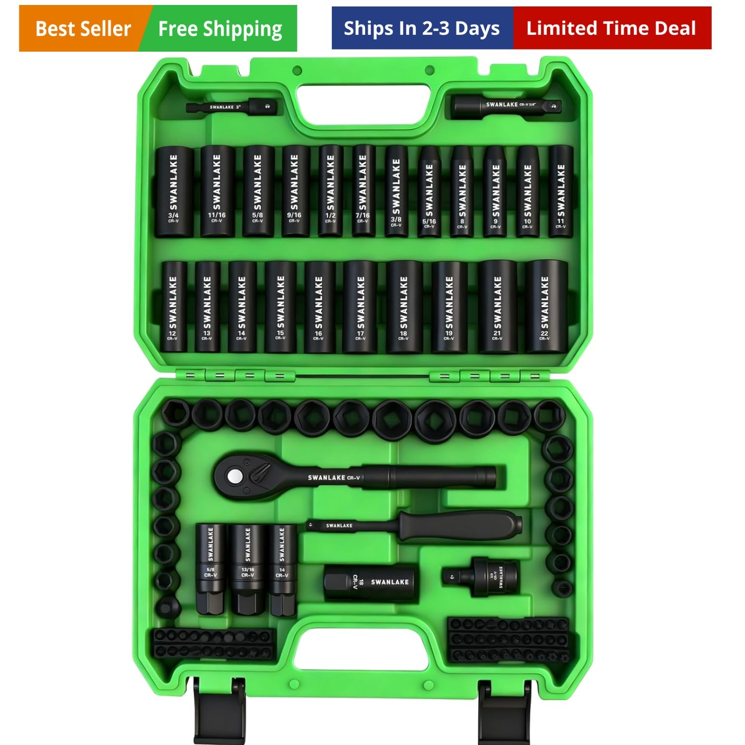 105-Piece 3/8″ Drive Impact Socket Set, SAE 5/16 to 3/4 inch and Metric 8-22m…