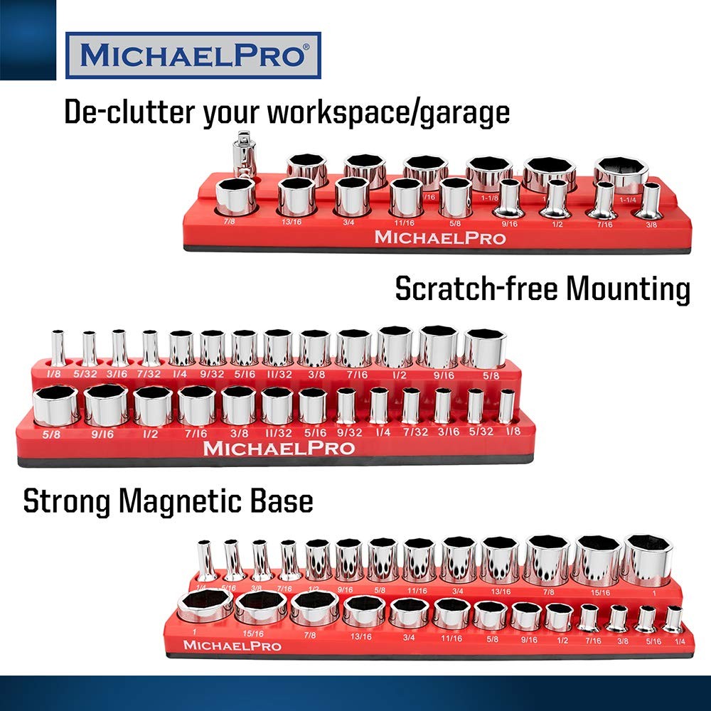 MichaelPro MP014003 3-Pc Magnetic Socket Organizer- 1/4-inch, SAE, Red