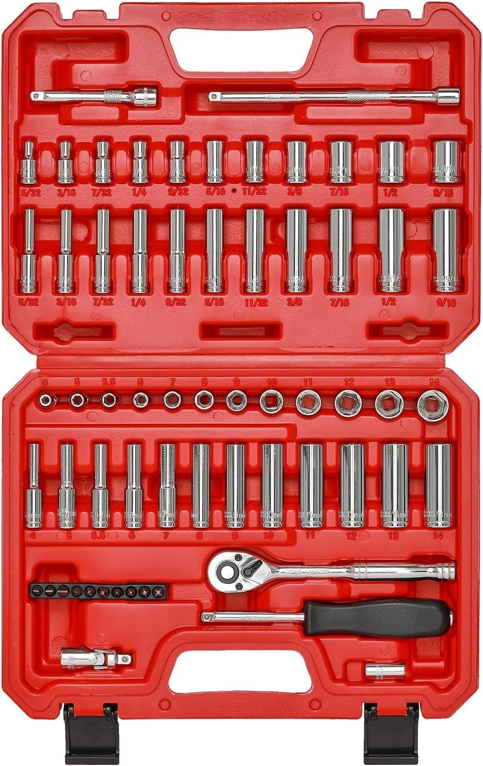 62 Pieces 1/4 Inch Drive Socket Set, SAE/Metric, 1/4″ Dr. Socket Set with Rat…