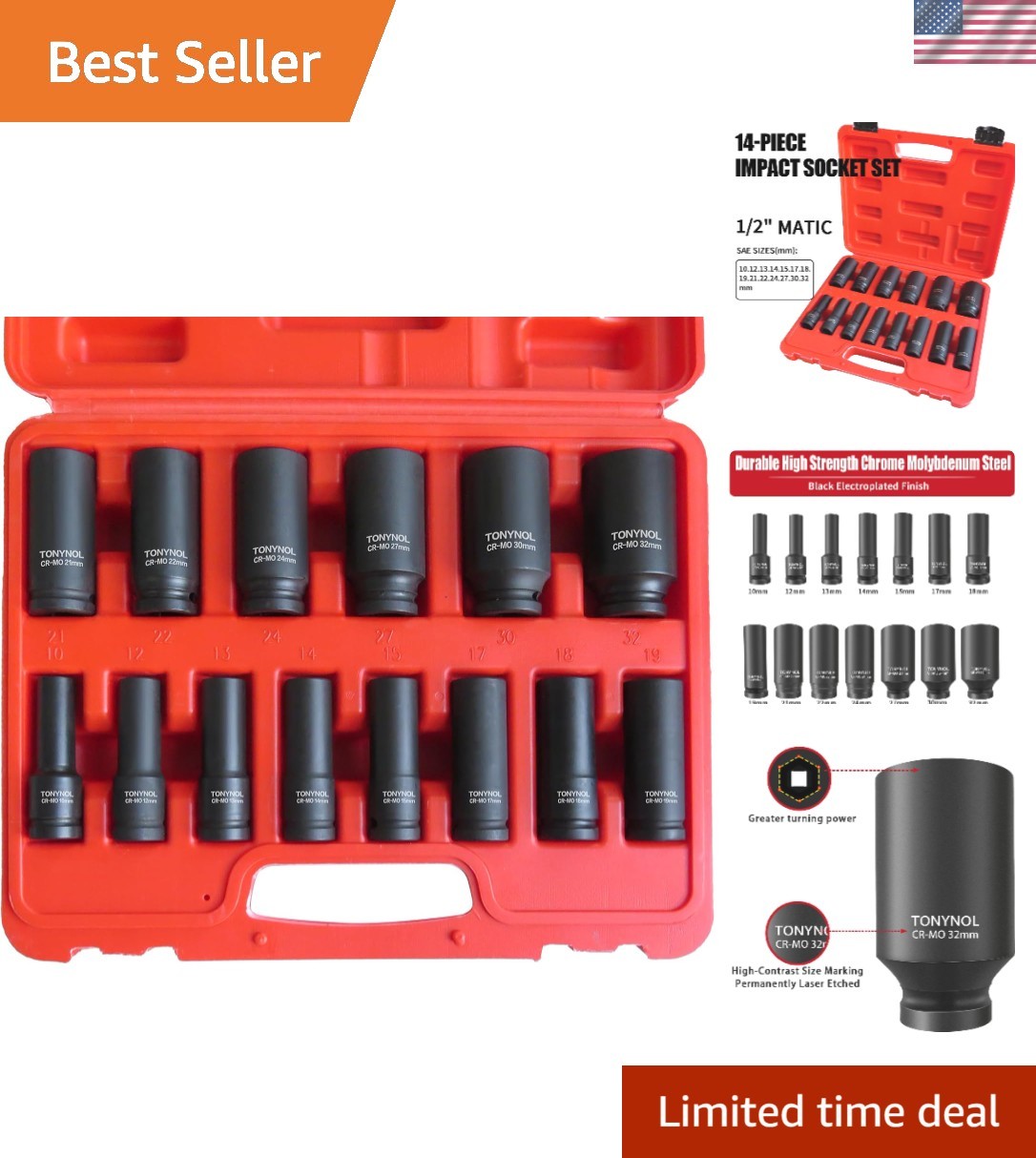 1/2 Inch Deep Drive Impact Socket Set,6-Point,Metric 10mm-32mm,14 Pcs,Cr-Mo S…