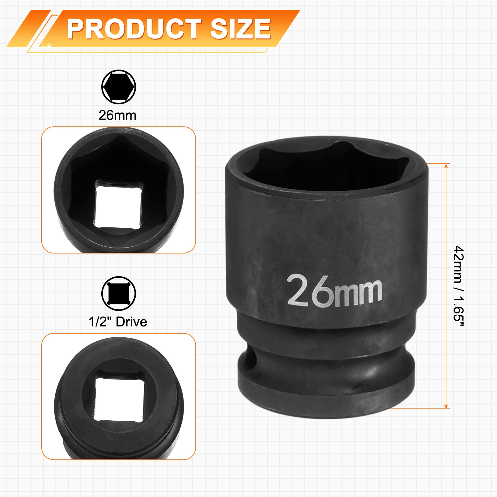6 Point Impact Socket 26mm Socket 1/2″ Drive 1.65″ Long Cr-Mo Steel Phosphated