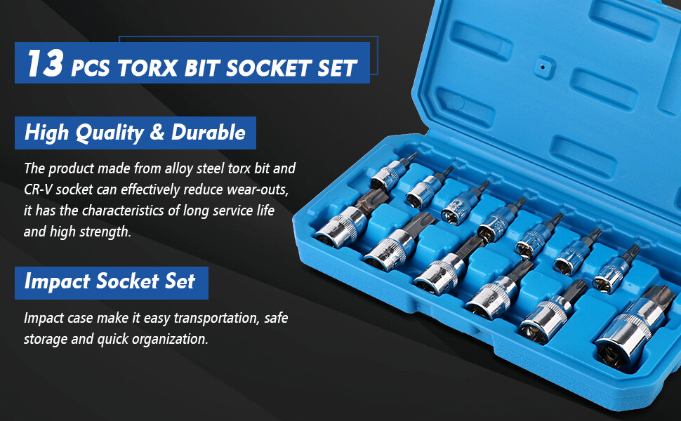 13PCS Drive Torx Bit Socket Set 1/4″ 3/8″ 1/2″ T8-T70 Star Bit Socket Set Tool