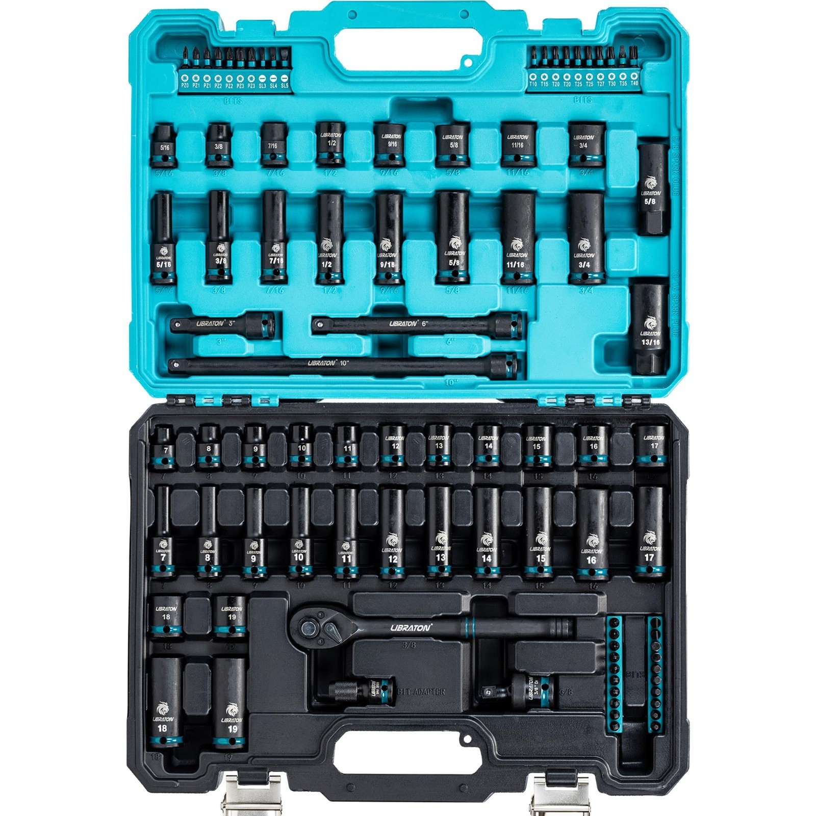90PCS 3/8″ Socket Set – SAE & Metric Impact Sockets, Deep/Shallow, Ratchet, Bits