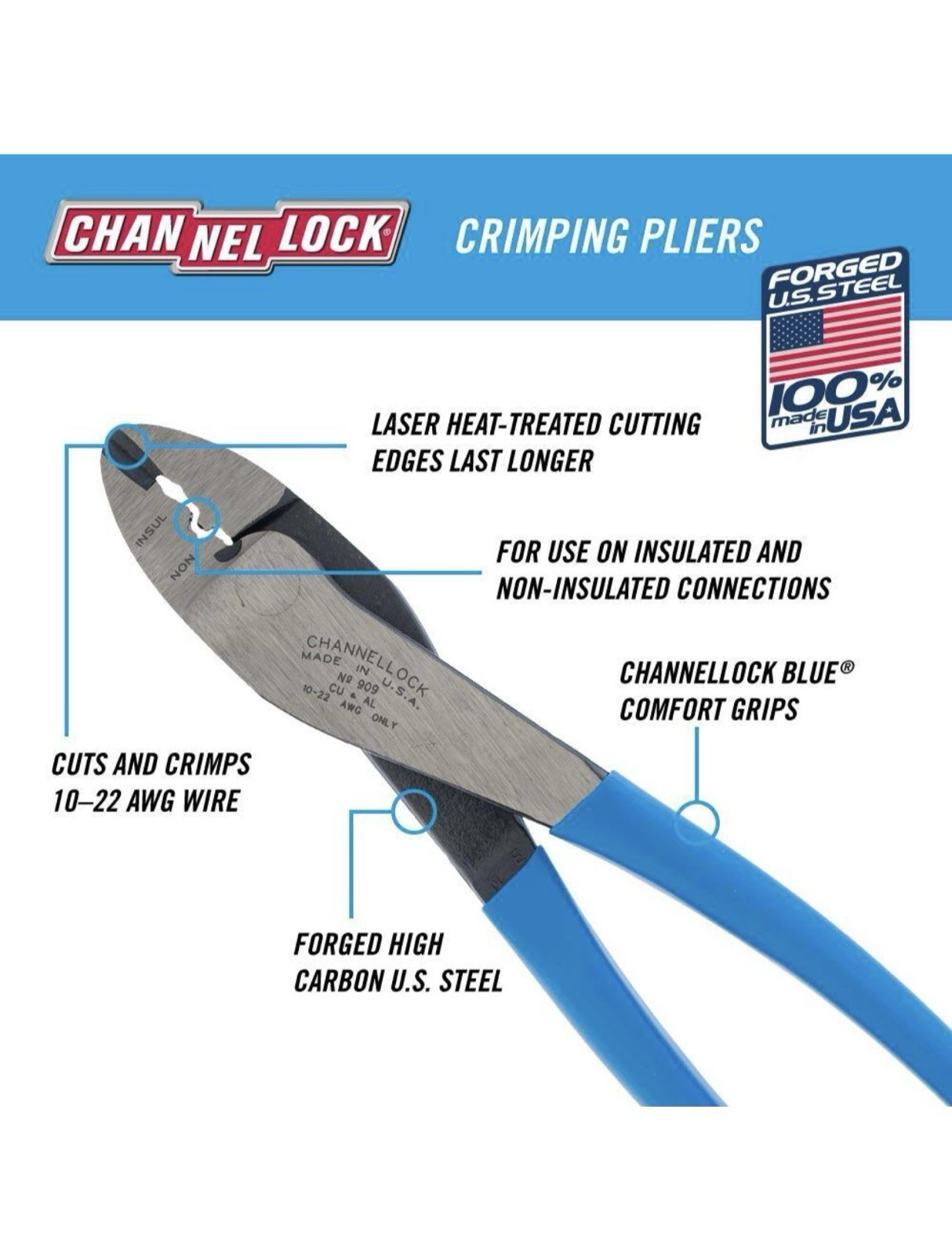 Channellock 909 9.5″ Crimping Pliers Range from 10-22 AWG Wire USA MADE