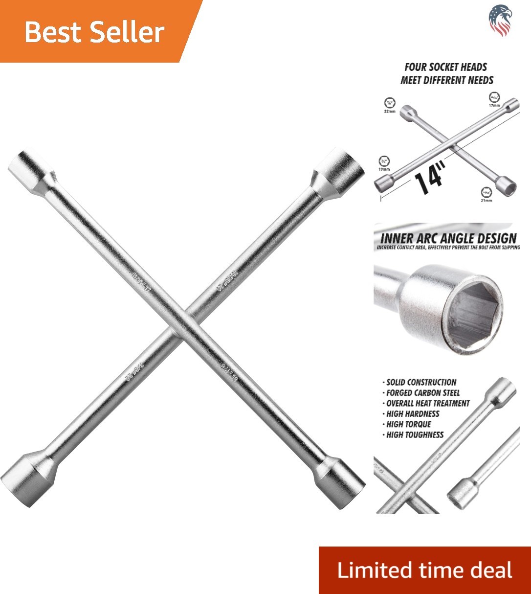 14 Inch Heavy Duty Lug Wrench 4 Way Tire Iron Carbon Steel Chrome
